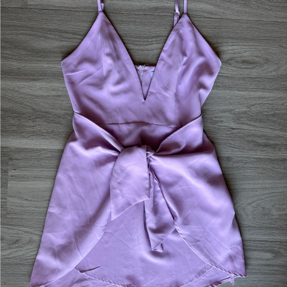 Tobi Lilac Satin V-Neck Mini Dress with Front Tie